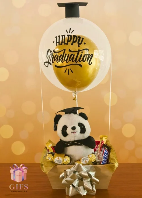 Panda graduation gift basket with chocolates and a Happy Graduation balloon for delivery in Vancouver.