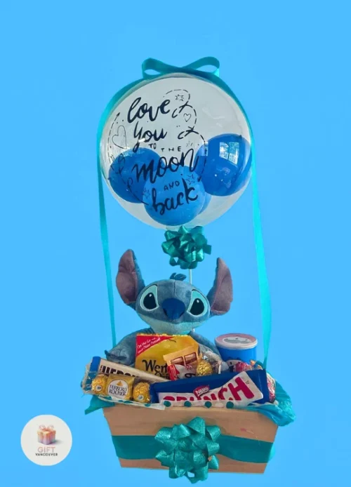 Stitch Gift Basket with Candy & Personalized Balloon